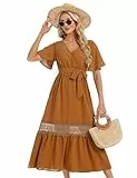 KOJOOIN Sommerkleid Damen Maxikleid mit Gürtel Kurzarm 2024 Sommerkleid Elegant Strandkleid V-Ausschnitt Gelb XL