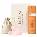 PLANTIFIQUE Massage-Set: Rosenquarz Gua Sha & Vitamin C Serum Koreanische mit Kollagen und Peptiden für strahlende Haut (30 ml) – Hautpflegegeschenke für Frauen, Mütter und Brautjungfern