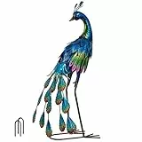 TERESA'S COLLECTIONS Outdoor-Statuen, Pfauendekoration, Hofkunst, Gartenskulpturen und Statuen für Veranda-Dekoration, Blauer Kleiner Metallvogel für Hofdekoration, 45,7 cm, Gartendekoration für den