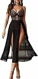 Avidlove Sexy Dessous Damen Reizwäsche Set Spitze Lingerie Netzstoff Babydoll V-Ausschnitt Unterwäsche Corsage Nachthemd Longe Nachtwäsche Seitlich Geschlitztes Negligee,SchwarzL