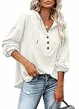 PLOKNRD Kapuzenpullover Damen Langarm Knöpfen Pullover mit Kordelzug Freizeit V-Ausschnitt Hooded Henley Sweatshirt Klassisch(Cremeweiß, 2XL)