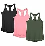 icyzone Damen Sporttop Yoga Tank Top Ringerrücken Sport Oberteil Laufen Fitness Funktions Shirt, 3er Pack (L, Solid Black/Pale Pink/Dark Green)