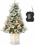 90cm Weihnachtsbaum künstlich mit 78 Beleuchtung,Batteriebetrieben Pre-lit Premium Snow Flocked Künstlicher Weihnachtsbaum mit roten Beeren Weihnachten deko für Zuhause, Büro, Weiße Basis