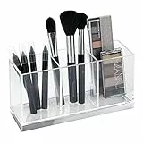mDesign großer Make-up Halter mit 3 Fächern – praktischer Sortierkasten für Kosmetik – rechteckige Schminkbox aus Kunststoff – durchsichtig und silberfarben