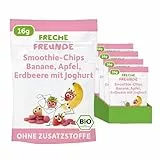 FRECHE FREUNDE Bio Fruchtchips Smoothie - Banane, Apfel, Erdbeere mit Joghurt, gefriergetrocknete Obst Chips, Trockenfrüchte ohne Zuckerzusatz, laktosefrei, glutenfrei, 12er Pack (12 x 16g)