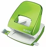 Leitz Büro Locher aus Metall, Für 30 Blatt, Anschlagschiene mit Formatvorgaben, Ergonomisches Design, grün, WOW-Serie, 50081054