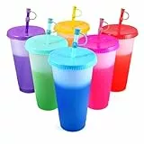 6 Stück Plastikbecher Trinkbecher Becher mit Deckel & Strohhalm Abdeckung - 710ml Mehrweg Tasse Farbwechselbecher Kaffeebecher to go Becher für Eiskaffee Kaltes Trinken Smoothie (mit Stroh Abdeckung)
