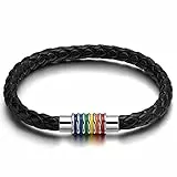 Flongo LGBT Lederarmband Leder Armband Armreifen Manschette Seil Schwarz Regenbogen Streifen Gay Pride Schwul Homosexual Homosexuell Magnet Schließe für Männer Frauen