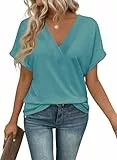 TrendiMax Damen T-Shirt V Ausschnitt Kurzarm Sommer Lose Shirts Casual Oberteile Bluse Tops, Blaugrün, XL