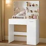 VASAGLE Schminktisch, Frisiertisch, mit Spiegel, Aufbewahrungsfach, 2 verstellbare Ablagen hinter der TÜr, 1 Schublade, 2 Ablagen, weiß RDT119W01