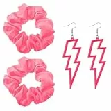 4 Stück Neon Haargummi und Ohrringe für Damen Blitz Ohrringe der 80er 90er Jahre Neon Scrunchies Accessoires(Rosa)