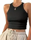 PLOKNRD Damen Crop Tops Rundhals Tank Top Sommer Ärmellos Bauchfrei Oberteil Schwarz S
