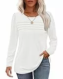 WNEEDU Damen Langarmshirt Rundhals Lässige Lose Pullover Damen Trendy Falten Sweatshirt Herbst Winter Puli Oberteile Bluse Tunika Tops Weiß M