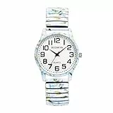 JewelryWe Uhren Damen Elastisch Edelstahl: Analog Quarz Armbanduhr Frauen Böhmische Blumendruck Edelstahl Stretch-Armband Uhr mit Ultraklar großen arabischen Zahlen Zifferblatt Blau Weiß