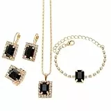 FDEETY 4 Stück Rechteckig Kristall Schmuckset Halskette Armband Ohrringe Ring Damen Elegante Schmuck Kollektion Hochwertige Juwelengarnitur