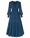 SCARLET DARKNESS Damen Renaissance Kleid V-Ausschnitt Langarm Historisches Kleider mit Spitzenbesatz Dunkelblau M