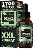 Vihado Vitamin D3 K2 Tropfen hochdosiert für Erwachsene, XXL Packung mit 1000 IE Vitamin D3, Premium Reinheit ohne Zusätze, 50 ml (1.700 Tropfen)