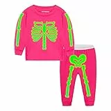 Mud Kingdom Mädchen Rosa Schlafanzug-Sets Für Kleines Mädchen Halloween Leuchten Im Dunkeln Nachtwäsche Rundhals-Oberteile Und Hosen Skelett-Muster 7-8 Jahre