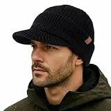 TOP-EX PolarWool™ 50% Merinowolle Schirmmütze Herren Damen, Winter Strickmützen Beanie Hat mit Schirm, Warm Winddicht Wollmütze mit Fleecefutter für Running Ski, Schwarz M/L