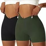 Vertvie Damen Gym Shorts V Cross Stretch Push Up Yoga Shorts Booty Scrunch Fitness Hosen Kurz High Waist Nahtlos Workout Sportshorts Butt Lift Kurze Leggings Sommer (Schwarz/Armeegrün, S)