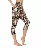 FOTOCITI Leggings Damen mit Tasche Capri Leggins High Waist Caprihose Sommer Blickdicht Sportleggins Sporthose Hose Gym Outdoor Yoga(Leopard,S-M)