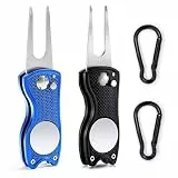 Kiuiom Golf Reparatur Pitchgabel,Golf Pitchgabel,Switchblade,Golf Zubehör,Pitchgabel Golf,2PC Klappbare Pitch Gabel mit Karabiner zum Ausbessern von Divot's auf Dem für Golf Club-Sport(Schwarz,Blau)