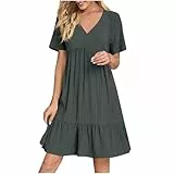 KOG Damen Sommerkleid Sommerkleider Mode Kleid Einfarbige 2026 Tshirt Kleid Frau Freizeitkleider Hemdblusenkleid Baumwolle Kleider für Hochzeitsgäste Dunkelgrau L