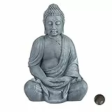Relaxdays Buddha Figur sitzend, XL 70 cm, Gartenfigur, Dekofigur Wohnzimmer, wetterfest & frostsicher, hellgrau