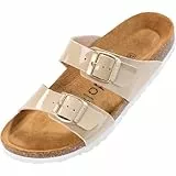 Palado Pantoletten Damen Samos - elegante Sandalen Made in Spain - bequeme Hausschuhe mit dämpfendem Kork-Fußbett - modische Sommerschuhe Lack Beige UK8 - EU41