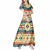 Damen Kleider Freizeit Sommerkleid V-Ausschnitt Kurzarm Rüschensaum Lang Lose Freizeitkleider Elegant Wickelkleid Sommer Boho Maxikleid Strandkleid Blumenkleid Strand Dress(Earthy Yellow,XXL)