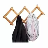 Relaxdays Wandgarderobe Holz, ausziehbare Garderobenleiste, 10 Kleiderhaken, stabil, Scherengarderobe faltbar, Natur