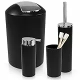 WENKO Badezimmer Zubehör Set Calvo 4-teilig Seifenspender Zahnputzbecher WC-Bürste Toilettenbürste WC-Garnitur Kosmetikeimer Schwarz mit Chrom Details aus Kunststoff