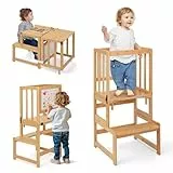 COSYLAND 3-in-1 Lernturm für Kinder - Klappbarer Learning Tower mit Tafel - Multifunktionaler, Faltbarer Holz-Lernturm für Küche, Tisch und Bad, ab 18 Monaten (Naturfarbe)