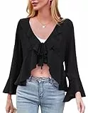 Kate Kasin Damen Chiffon Bolero Langärmelig V-Ausschnitt Bindekragen Rüschen Shrug Schwarz XL