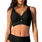 Bikini Oberteil Damen Sportlich Twist Front Push Up Top Gepolstert Bustier Bademode mit Verstellbaren Trägern für Große Brüste Strand Schwarz L