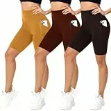 FuelMeFoot 3er Pack Radlerhose Damen, High Waist Shorts mit Taschen, Blickdicht Sportshorts für Fitness & Yoga.05-Dunkelbraun/Zimt/Ingwergelb S/M