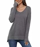 YGJIEGENG Pullover Damen V Ausschnitt Strickpullover Herbst Winter Sweatshirt Leichter Einfarbig Pullover Elegant Casual Oversize Warm Oberteile Grau S
