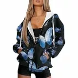 Kathyboom Damen-Kapuzenpullover mit Reißverschluss, langärmelig, Sweatshirts, Herbst-Outfits, Pullover, lässig, modische Jacken, Größe XS - 4XL, Mehrfarbiger, blauer Schmetterling, XL