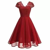 OMEWEE 1950er Vintage Retro Cocktailkleid Damen Elegant Knielang Rockabilly Kleider V-Ausschnitt Chiffon Kurzarm Spitzenkleid A-Line Swing Hochzeit festliches Kleid Kleid Abendkleid Rot XXL