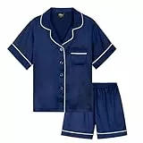 CityComfort Schlafanzug Mädchen Kurz Satin Pyjama Kinder Schlafanzug Teenager Weiche Atmungsaktive Sommer Kurzarm Schlafanzüge Loungewear Set (13-14 Jahre, Dunkelblau)