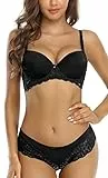 SHEKINI Dessous Damen Sexy Unterwäsche Spitzen Push Up Bügel BH und Slip Trägerloser Abnehmbare Träger Lingerie Dessous Sets für Damen(Schwarz,80B)