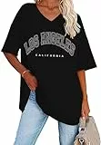 WNEEDU T-Shirt Damen Sommer Oversize Shirt Kurzarm V Ausschnitt Oberteile lässiges Top Schwarz Los Angeles 2XL
