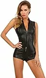 MISS NOIR 9332 Damen Kurzer Overall Sexy Playsuit Party Jumpsuit Lederoptik mit 4-Wege-Reißverschluss Clubwear (Schwarz (9332-BK), XXL)