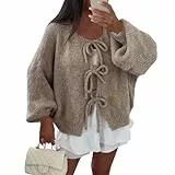 Strickjacke Damen Y2K Grobstrick Mit Schnürung Vorne Und Schleife Einfarbig V-Ausschnitt Lange Puffärmel Weiche Warme Cardigan Winter(Khaki, S)