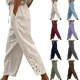 Generisch Leicht Sommerhose Damen,Leinen Baumwolle Hoher Taille 7/8 Hosen Mit Spitzensaum Einfarbig Stoffhose Damen Weites Bein Bequeme Freizeithose Mit Elastische Taille Kordelzug Und Taschen