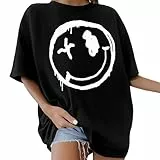 CMTOP Tshirt Damen Oversize T Shirt Rundhals Kurzarm Oberteile Lose Longshirt Casual Sommer Tops Einfarbig Baumwolle T-Shirt Gedruckt Lässig Tee Shirts Basic Tunika Bluse(Schwarz, S)