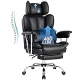 IWMH Bürostuhl Ergonomischer 200KG, PU Leder Chefsessel mit Fußstütze, Drehstuhl mit Armlehnen und Kopfstütze, hoher Rückenlehne, Höhenverstellbarer(Schwarz)