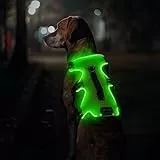 Jewyow Hundegeschirr Leuchtend, Wiederaufladbare LED Hundegeschirr, Led Geschirr für Hunde mit Weicher Griff, 3 Einstellbare Modus, Wasserdicht für Mittelgroße, Große Hund, Green-M