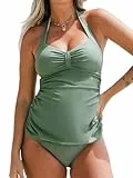 CUPSHE Damen Umstandsbadeanzug Tankini Set Neckholder Herzausschnitt Knoten Umstandsbademode Maternity Swimsuit Grün S