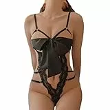 KONFEN Sexy Damen Dessous Set, Erotische Translucent Spitze Riemchen Bodysuit mit Bogen, Overall Lingerie mit Loch Reizwäsche BH und Höschen Sets, Verstellbare Offen Body Suit Unterwäsche (Schwarz)